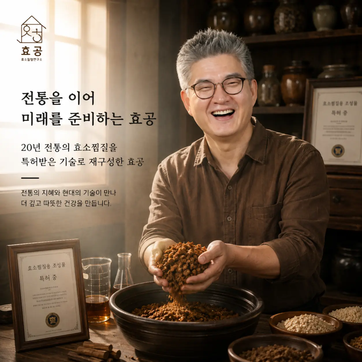 효공 — 전통을 이어 미래를 준비하는 효공. 대표가 발효 곡물을 손에 들고 있는 모습